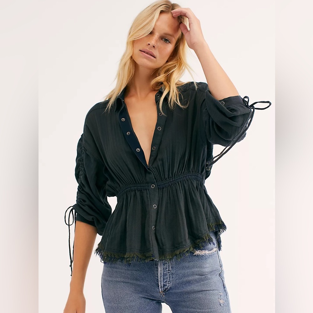 Free People We The Free Pacific Dawn Button Down Top Dark Gray Green